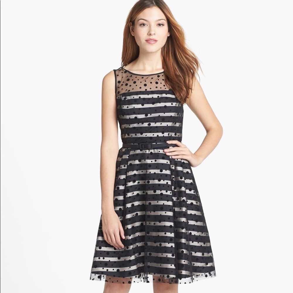 Eliza J Illusion Dot Stripe Fit & Flare Dress Size 16 | Black and Gold